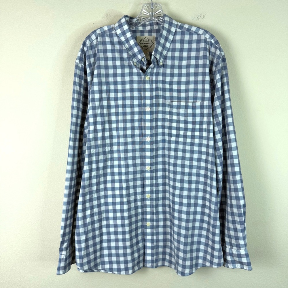 St John's Bay Shirt Mens XL Blue Gingham Button Down Long Sleeve Check Pocket